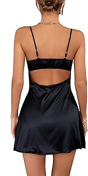 Rooscier Women's Spaghetti Strap Lace Satin Slip Nightwear Sexy Party Mini Dress | Amazon (US)