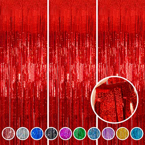 Foil Fringe Curtains Party Decorations - Melsan 3 Pack 3.2 x 8.2 ft Red Tinsel Curtain Party Photo Backdrop for Christmas Party Decorations Birthday Party Baby Shower or Graduation Decorations | Amazon (US)