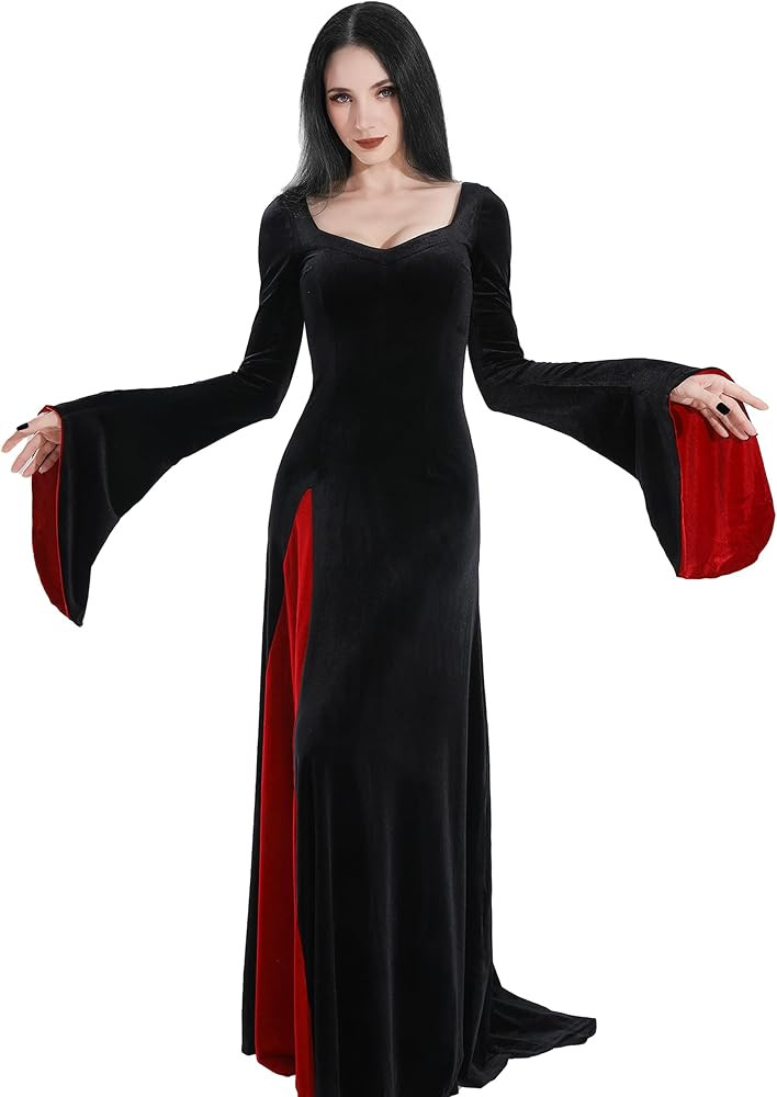 QRT Morticia Addams Costume, Women Velvet Maxi Dress,Vintage Gothic Witch Long Dress Halloween Fa... | Amazon (US)