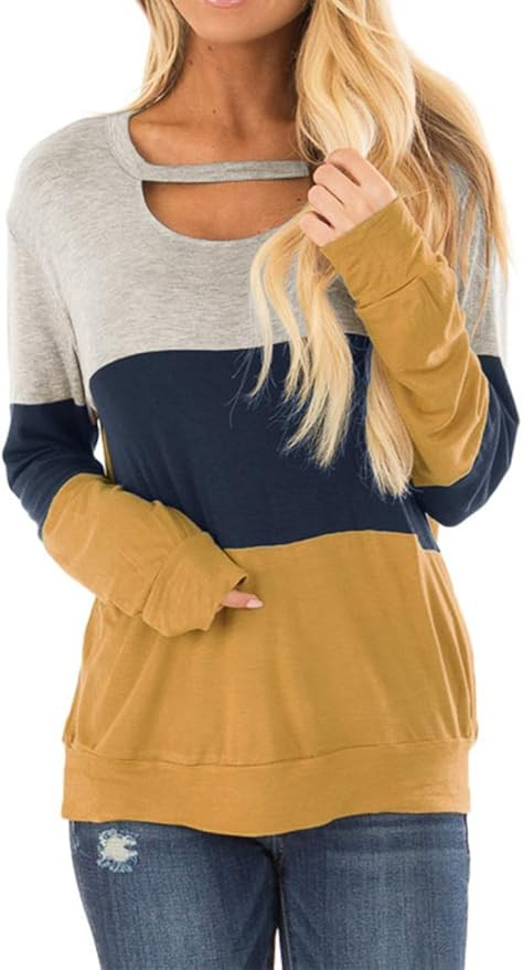 Minclouse Women's Color Block Long Sleeves Tunic Cutout Choker Tops Crew Neck Casual Loose Blouse... | Amazon (US)