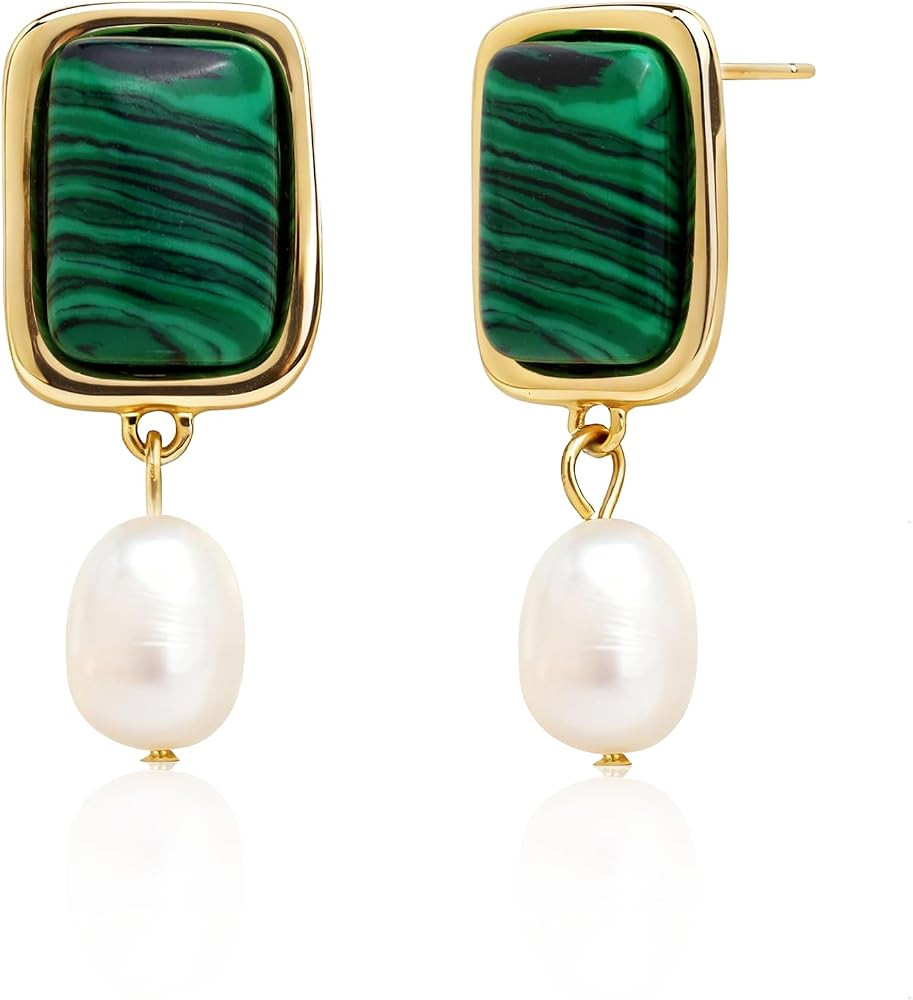Sonateomber Gold Gemstone Pearl Dangle Drop Earrings for Women | Amazon (US)
