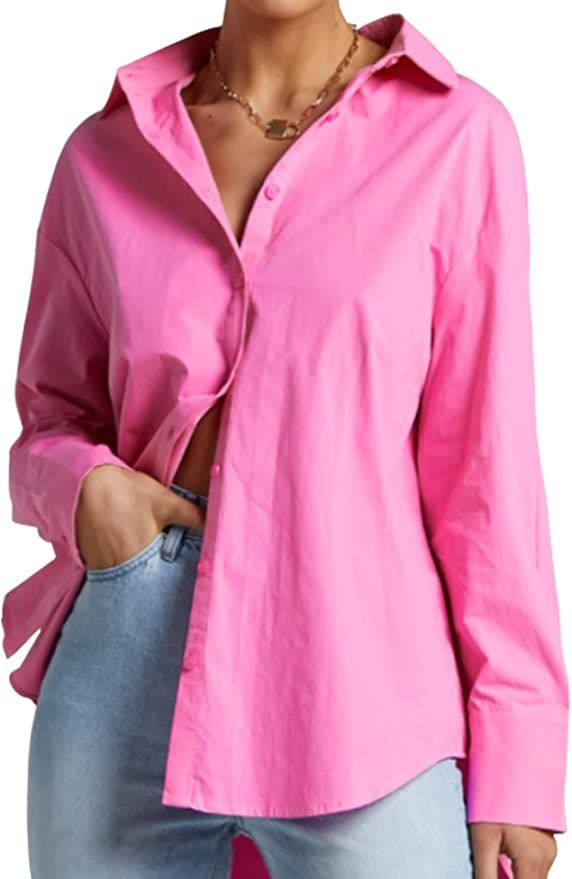 Genhoo Oversized Button Down Shirts for Women Casual Long Sleeve Candy Color V Neck Dressy Blouse... | Amazon (US)