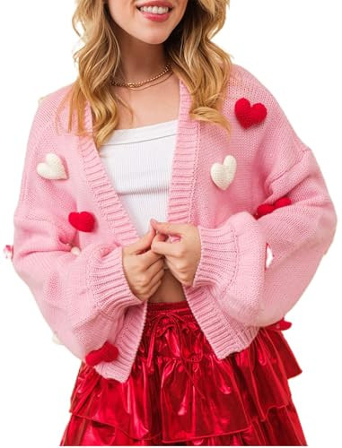 Cute Galentine's Day Sweaters 3D Heart Button Down Sweater Cardigan with Love Hearts Knitted Top Shirt Cardigans for Women | Amazon (US)