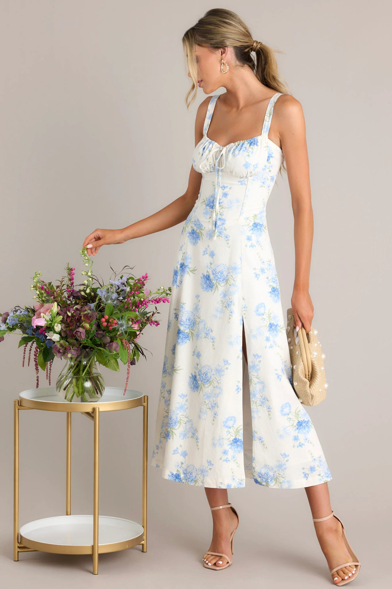 Skyward Bloom Ivory & Blue Floral Midi Dress | Red Dress