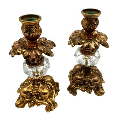 2 Vintage 7" Brass Crystal Glass Candlesticks Candle Holders Hollywood Regency  | eBay | eBay US