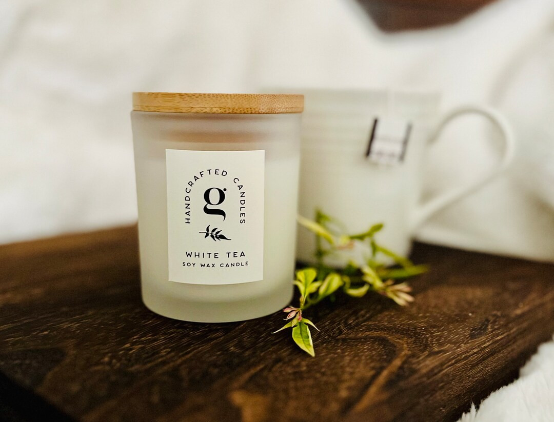 White Tea Handcrafted Soy Wax Candle Frosted Glass Jar With Bamboo Lid - Etsy | Etsy (US)