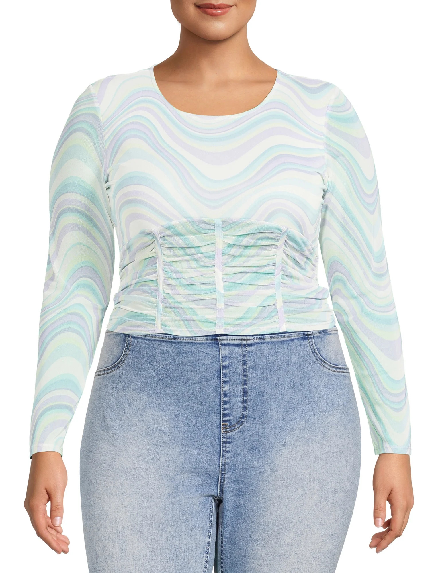 Madden NYC Juniors’ Plus Size Sheer Corset Ruched Top | Walmart (US)