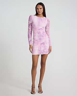Printed Mesh Crew Neck Long Sleeve Ruched Mini Dress | Express