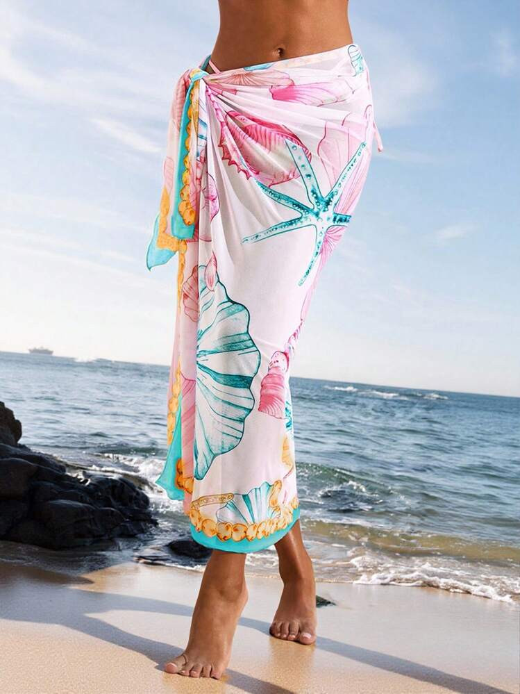 Opulessa Long Sheer Beach Cover-Up For Women With Vibrant Graphic Design And Knot Accent Beach Cover Up Sarong Long Cover Ups For Swimwear Beach Kimono Beach, Sexy Club, Halloween, Christmas, New Year, Thanksgiving | SHEIN