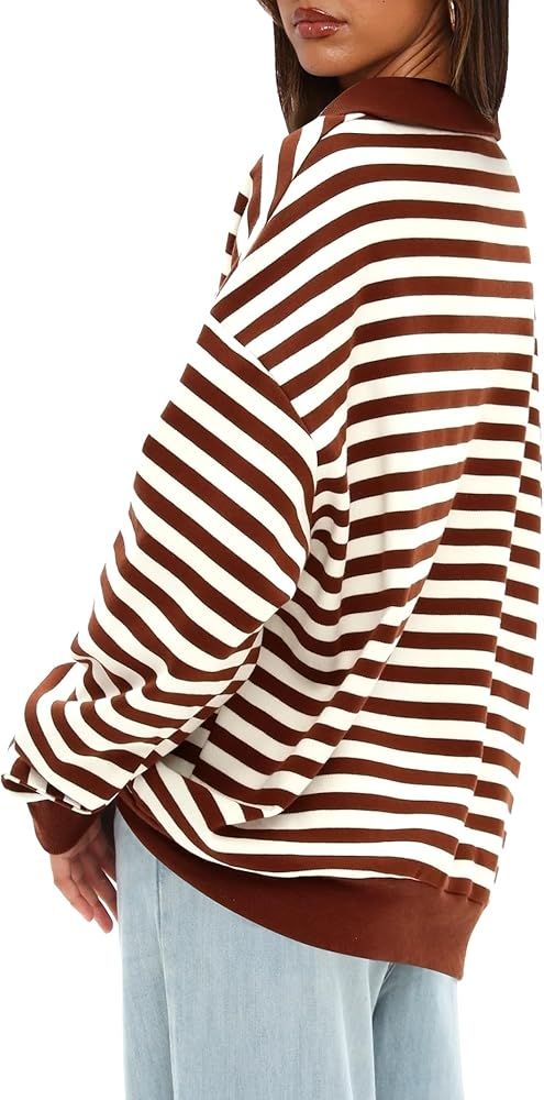 Darong Womens Oversized Contrast Striped Long Sleeve Collared Sweatshirts Casual Cotton Pullover ... | Amazon (US)