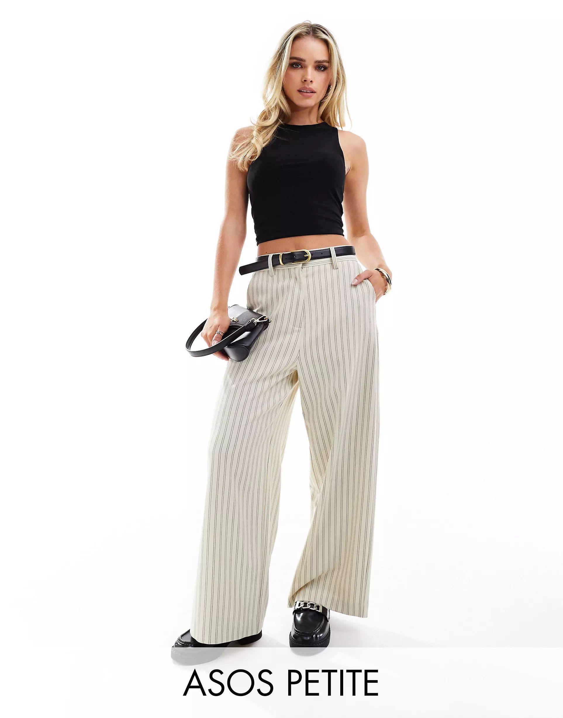 ASOS DESIGN Petite tailored cropped trousers with belt in cream stripe | ASOS | ASOS (Global)