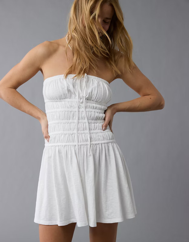 AE Sunchaser Knit Strapless Smocked Bodice Mini Dress | American Eagle Outfitters (US & CA)