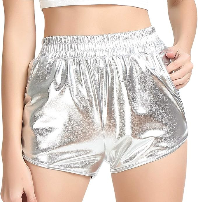 Perfashion Women's Metallic Shiny Shorts Sparkly Hot Yoga Outfit | Amazon (US)