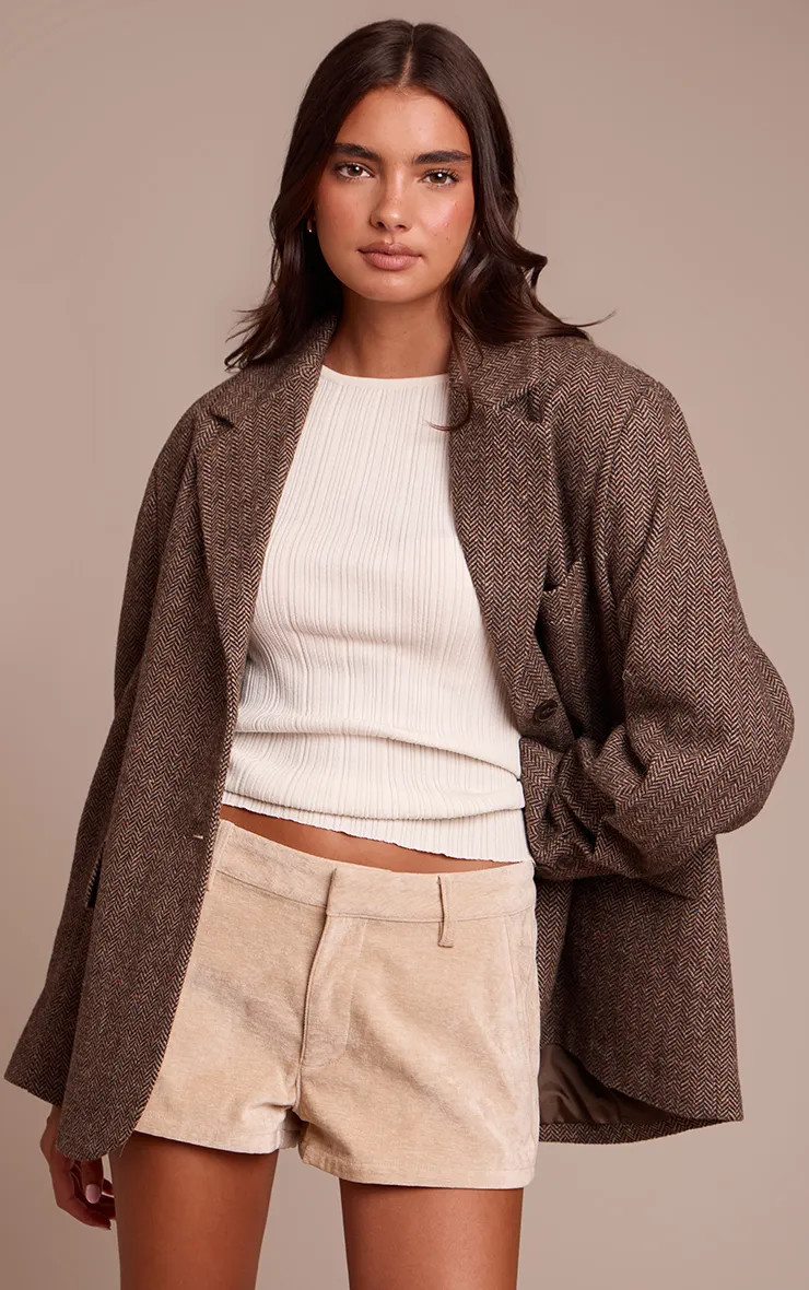 Brown Herringbone Grandad Oversized Blazer | PrettyLittleThing USA | PrettyLittleThing US