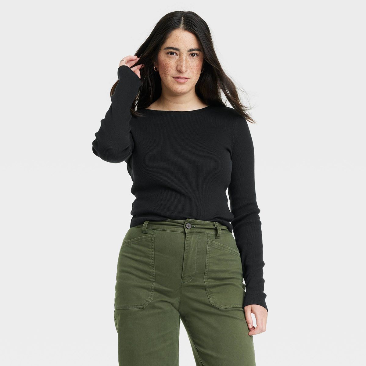 Women's Long Sleeve Shrunken Rib T-Shirt - Universal Thread™ Black XL | Target