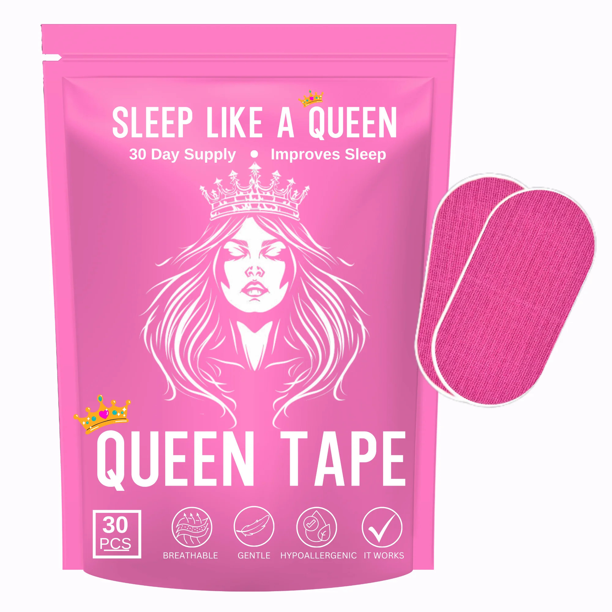 Queen Mouth Tape for Sleeping - 30 Strips (1 Month Supply), Gentle Adhesion Pink Strips, Snoring ... | Walmart (US)