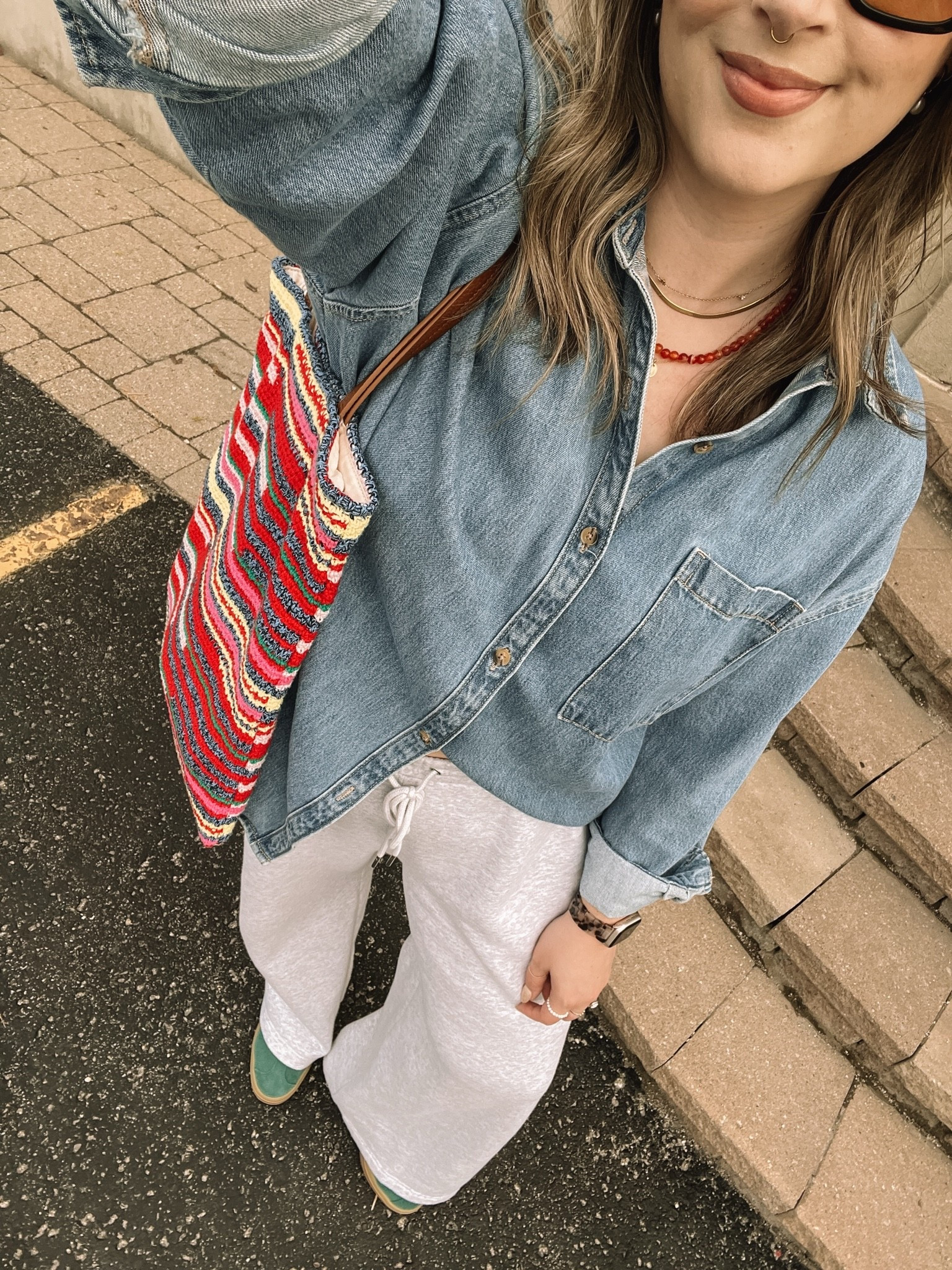 Comfy casual spring outfit! Canadian Old Navy & Gap links are under “similar products”. Wearing my usual size L in the oversized denim shirt (one of my most worn pieces!) and L in the wide leg sweatpants. This striped crochet bag is such a fun pop of color to make a simple outfit more interesting! Adidas gazelles a run a little big, I’m usually a 9.5-10 and wear a 9

#LTKmidsize #LTKsale #LTKbag