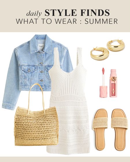 Cute white crochet dress with denim jacket, woven slide sandals, chunky gold hoops, and woven tote. Graduation party outfit ideas. 

#LTKStyleTip #LTKOver40 #LTKSaleAlert