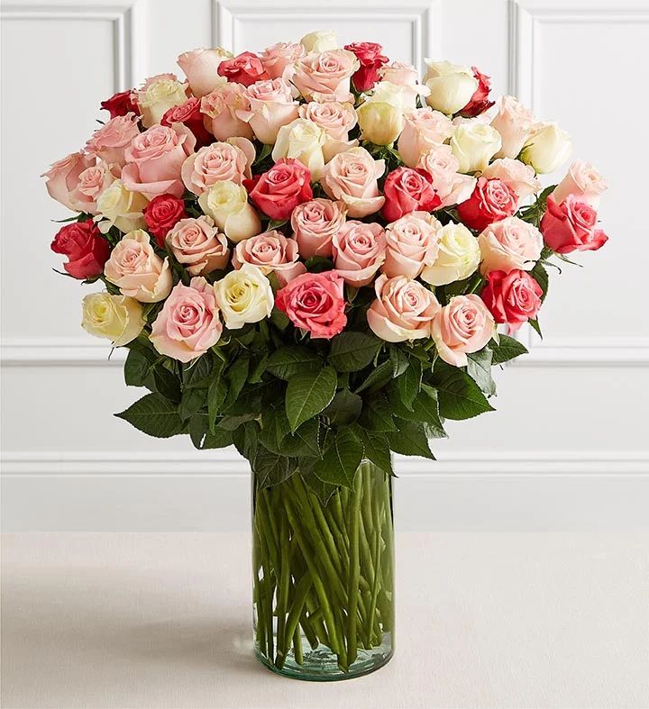 Spectacular Rose™ 100 Long Stem Pink & White Rose Bouquet | 1800flowers.com