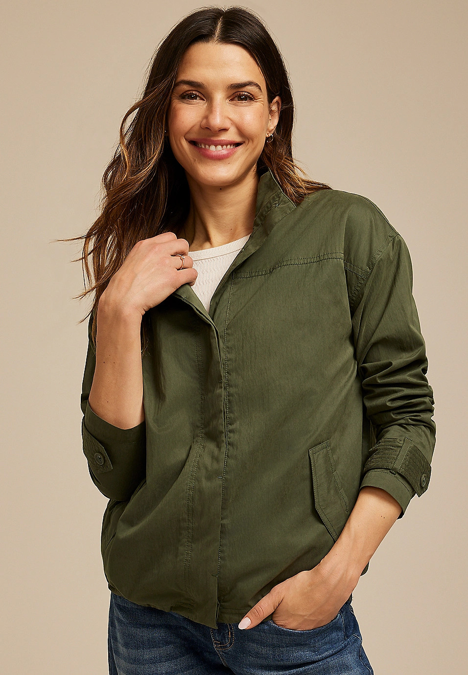 Olive Sueded Woven Jacket | Maurices
