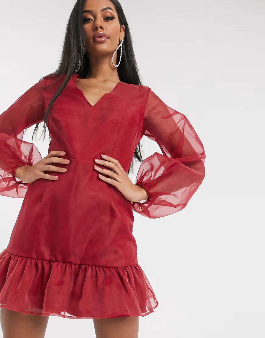 Missguided organza mini dress with puff sleeves in red-Multi | ASOS (Global)