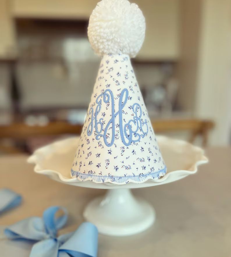 ONE Bella Blue Floral embroidered highchair banner and Monogrammed party hat. First birthday deco... | Etsy (US)