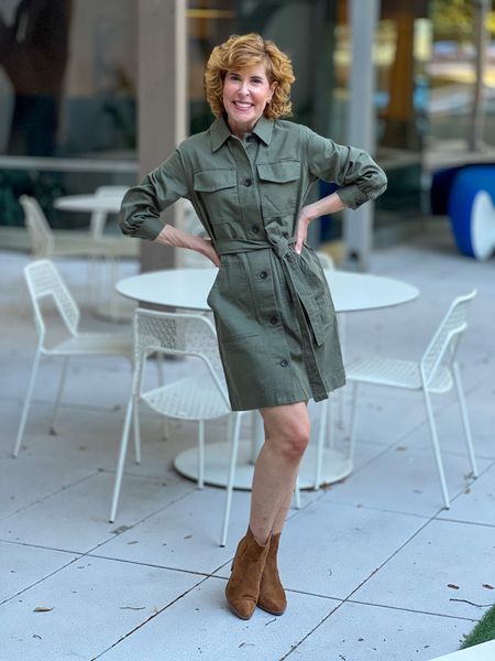 This utility shirt dress encompasses two of fall's biggest trends: utility/cargo style and the shirtdress! I love it in this autumnal sage green and it also comes in black. I will pair it with booties in the fall and tall boots when it gets a little colder.



#LTKfindsunder50 #LTKshoecrush #LTKSeasonal
