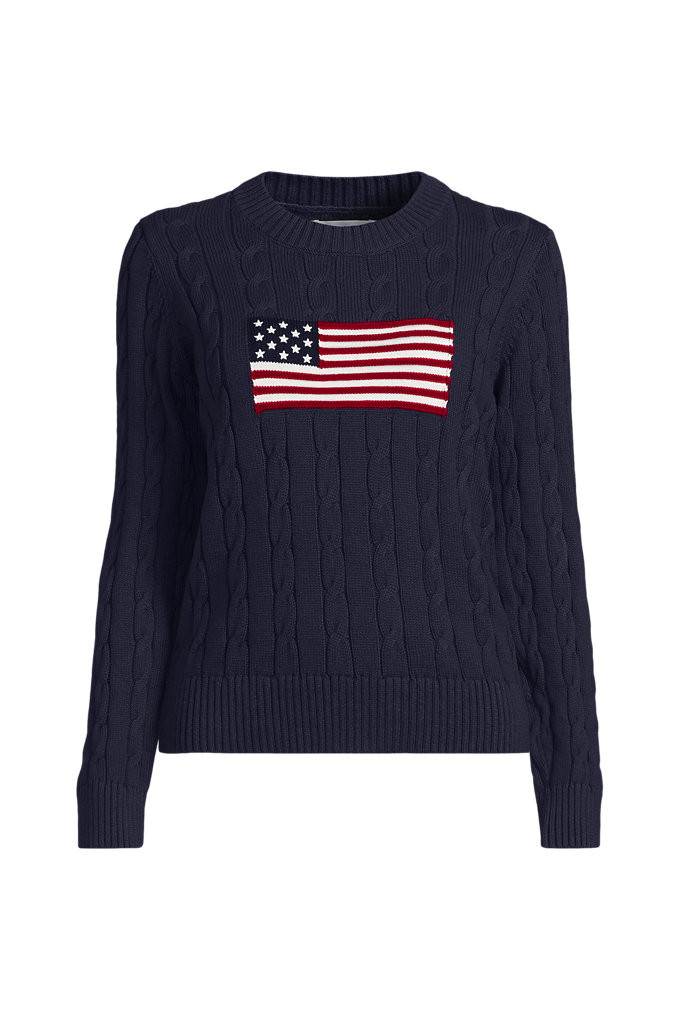 Women's Plus Size American Flag Drifter Cable Sweater - Lands' End - Blue - 3X | Lands' End (US)
