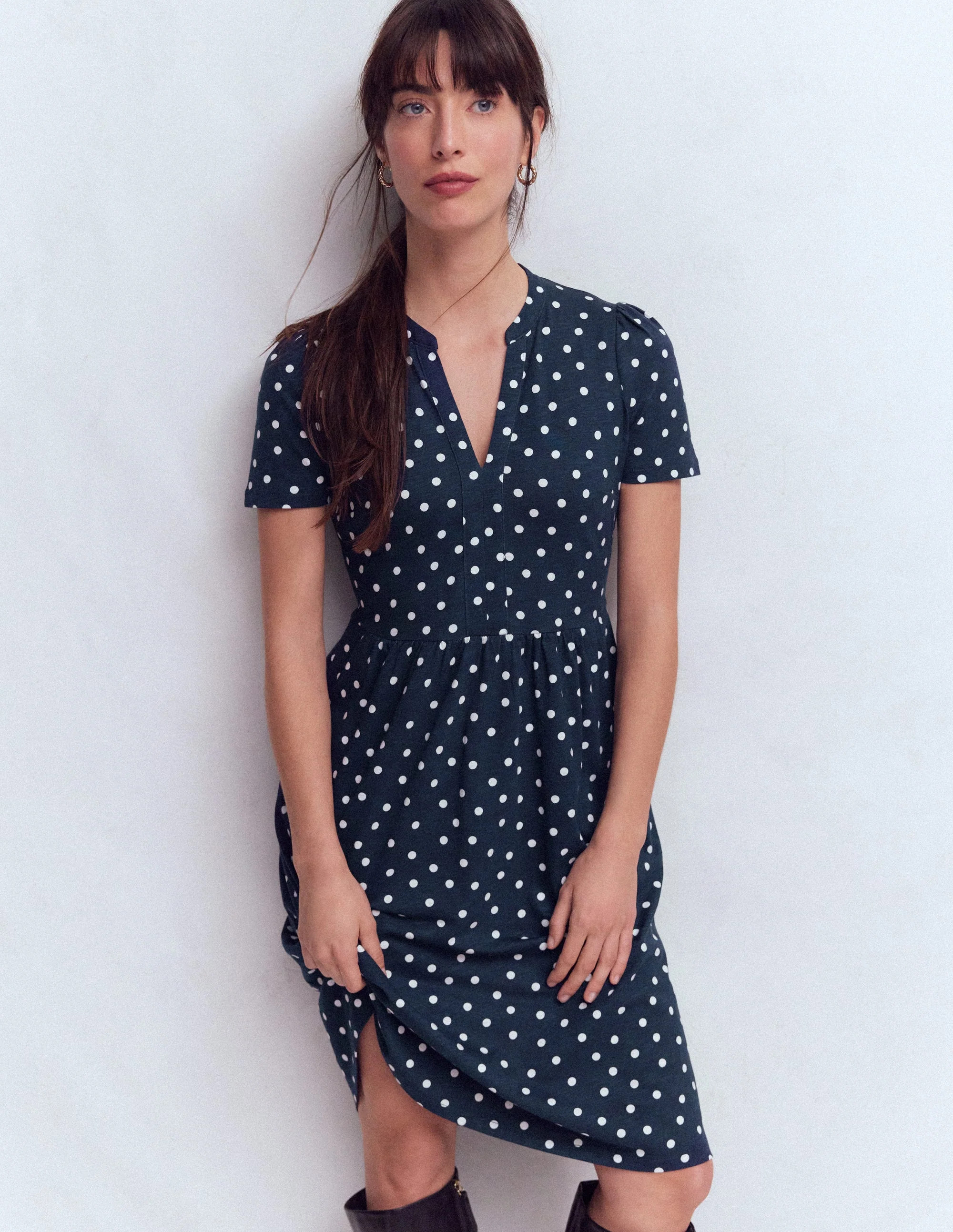 Naomi Short Jersey Dress-French Navy, Painted Dot | Boden (US)