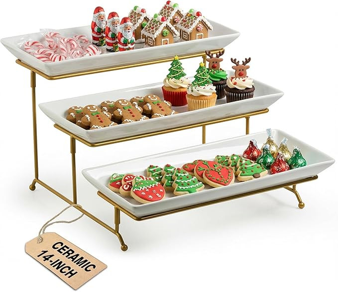 LAUCHUH Large 3 Tier Serving Stand Tiered Serving Trays Collapsible Sturdier Rack with 3 Porcelai... | Amazon (US)