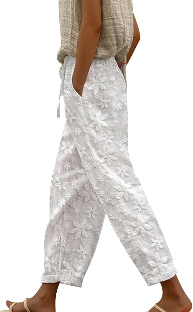 TIAFORD Women's Casual Loose Cotton Linen Pants Elastic High Waisted Wide Leg Beach Trousers with... | Amazon (US)