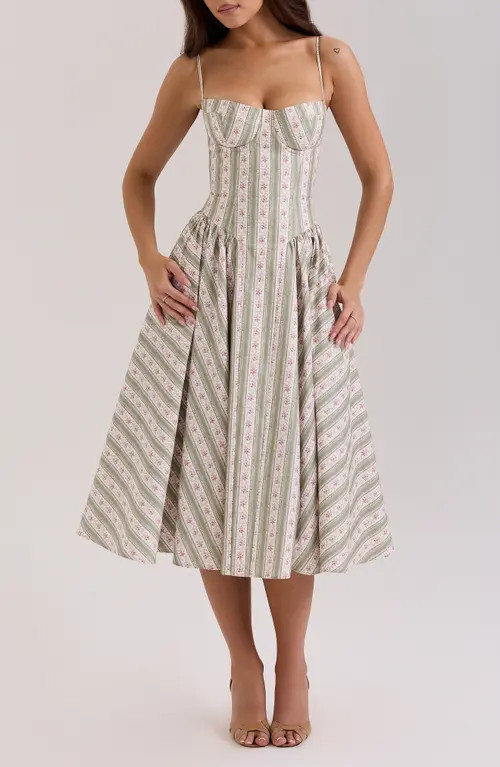 HOUSE OF CB Mya Corset Sleeveless Midi Dress in Rose Stripe Floral Green at Nordstrom, Size X-Large A | Nordstrom
