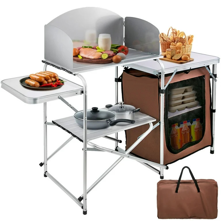 VEVOR Camping Kitchen Station, Aluminum Portable Folding Camp Cook Table with Windshield, Storage... | Walmart (US)