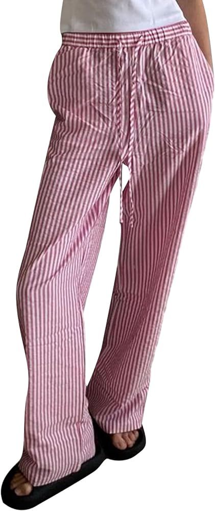 Womens Striped Lounge Pants Y2K Loose Drawstring Elastic Waist Wide Leg Straight Long Pants with ... | Amazon (US)