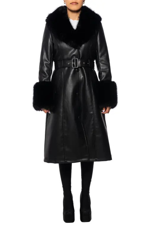 AZALEA WANG Belted Faux Leather Trench Coat with Faux Fur Trim in Black at Nordstrom, Size Large | Nordstrom