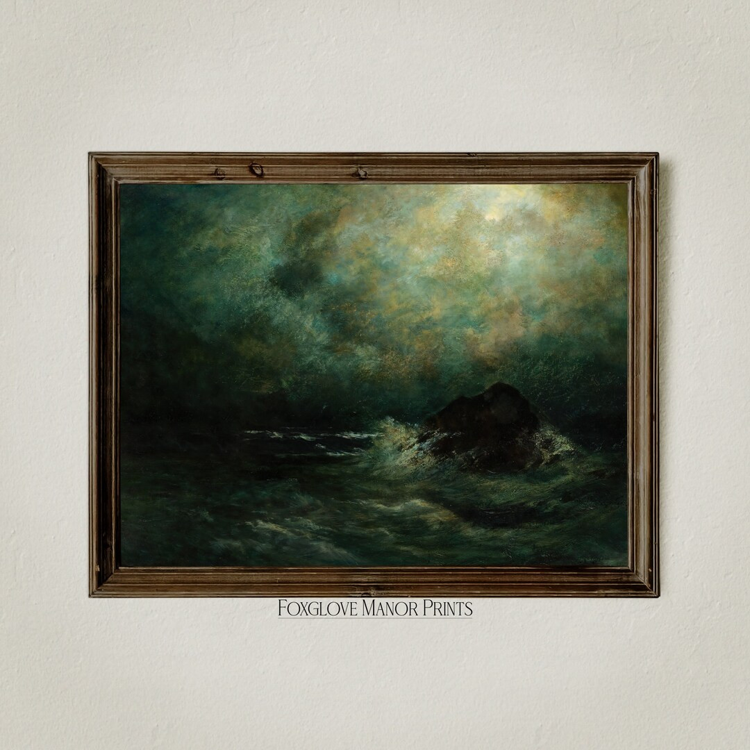 Stormy Sea Art Print, Vintage Moody Oil Painting Artwork, Ocean Night Sky & Moon, Digital Printab... | Etsy (US)