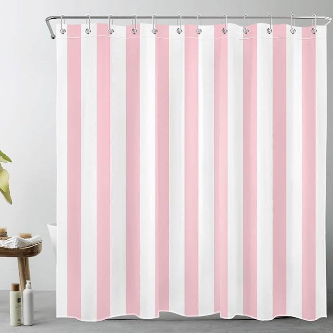LB Pink and White Striped Fabric Shower Curtain for Bathroom with 12 Hooks, Vertical Stripe Geome... | Amazon (US)