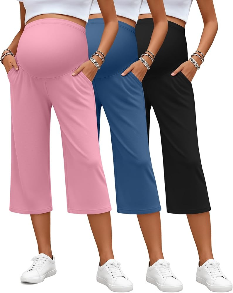 Sweetyweee 3 Pack Women's Maternity Capris, Over The Belly Pregnancy Cropped Pants High Waisted A... | Amazon (US)