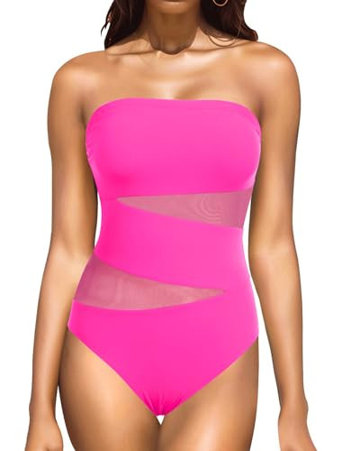 Holipick Women Hot Pink with Mesh Strapless Bandeau One Piece Swimsuits Slimming Bathing Suits Cutout Swimwear L | Amazon (US)