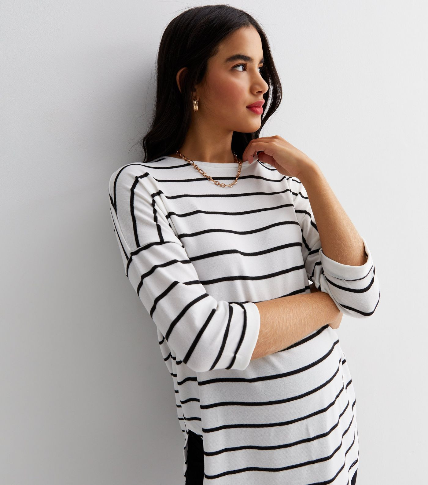 Maternity White Stripe Fine Knit Curved Hem Top
						
						Add to Saved Items
						Remove from... | New Look (UK)