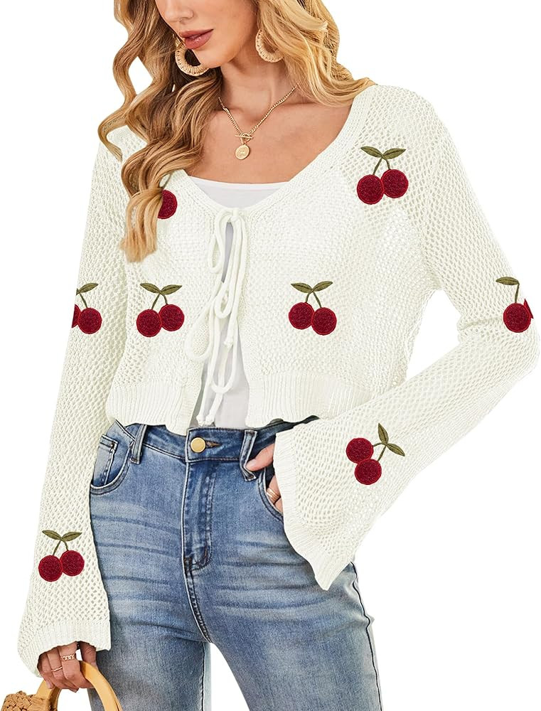 Balimtoy Women Tie Front Cardigan Crochet Sweater Crop Tops Cute Bell Long Sleeve Knit Shrug Beac... | Amazon (US)