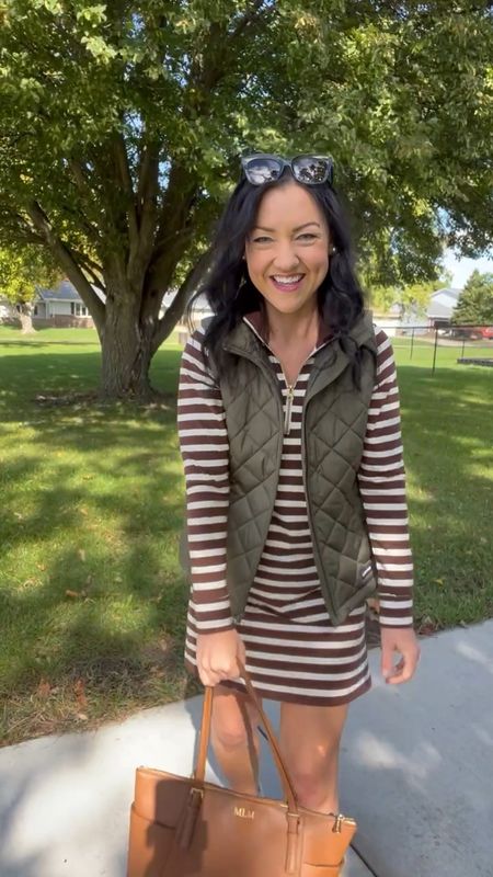 I’ve had this chocolate brown striped dress for over a year and love it just as much today as the day I got it! The fit is flattering and it’s made from an incredibly soft Pima cotton. I love the “active” look that the zip-up gives. Paired with an olive green vest (on sale for $36!) and white sneakers. Great for a casual lunch date, shopping, or traveling this fall. 

Sizing:
Dress - Runs a little big, I’m wearing an XS and it’s comfy and roomy 
Vest - Runs big, I’m wearing an XS petite and have room for a thick sweater underneath
Sneakers - Fit TTS, if between sizes, size up 

Classic, preppy, casual outfit, fall dress, Jcrew style, stripes, Lands’ End, Duffield Lane, Target find, Target style, fall fashion 

#LTKSeasonal #LTKsalealert #LTKfindsunder50