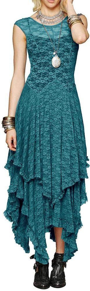 R.Vivimos Womens Sleeveless Backless Asymmetrical Layered Lace Long Dress with Slip Two Pieces | Amazon (US)