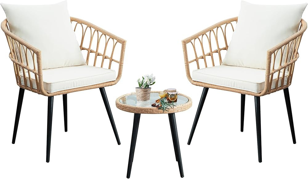 3 Piece Patio Bistro Set, Outdoor Wicker Conversation Chair Sets Balcony Furniture with Coffee Ta... | Amazon (US)