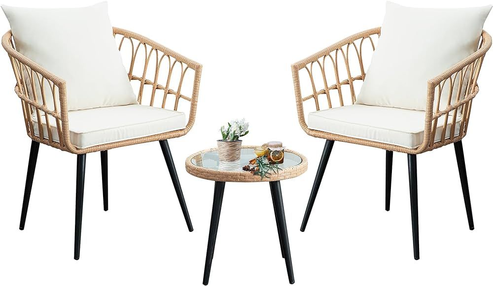 3 Piece Patio Bistro Set, Outdoor Wicker Conversation Chair Sets Balcony Furniture with Coffee Ta... | Amazon (US)