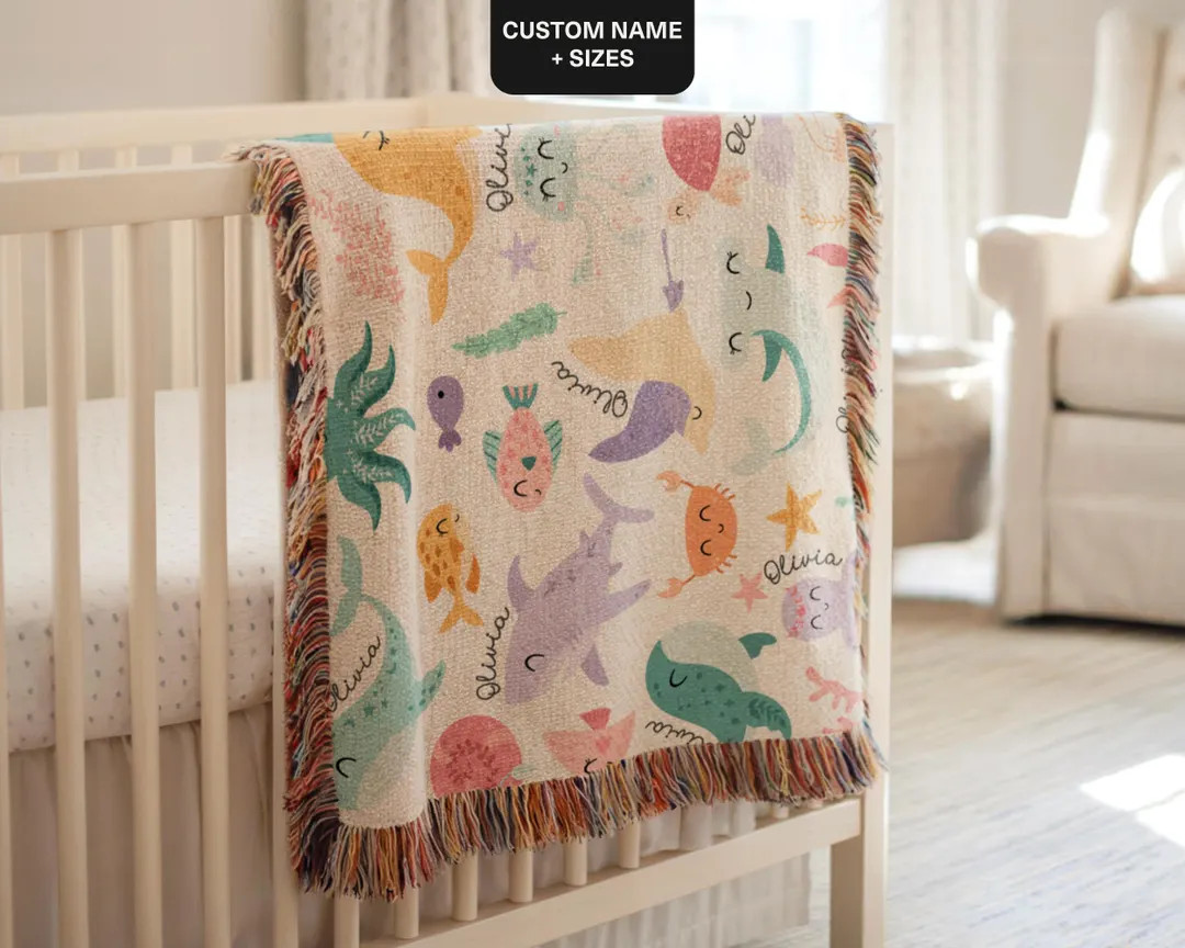 Personalized Woven Baby Blanket, Watercolor Sea Animals Blanket, Custom Name Blanket, Ocean Theme... | Etsy (US)