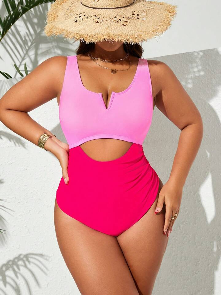 SHEIN Swim Curve Plus Size One Piece Contrast Color Hollow Out Waist Scoop Neck Sleeveless Casual... | SHEIN