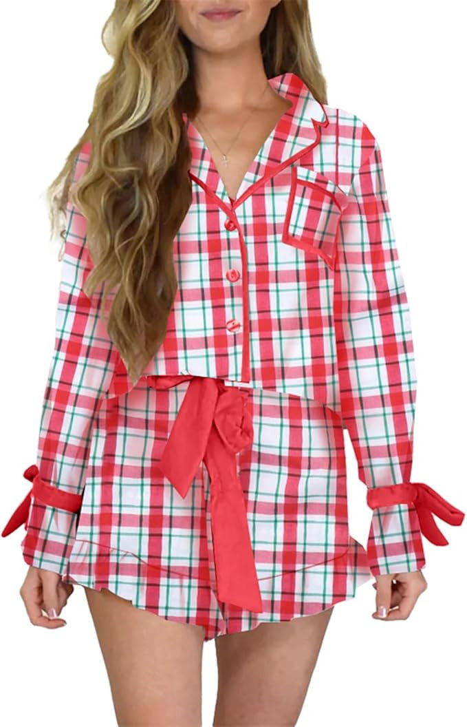 Christmas Pajama Shorts Sets for Women Bow Tie Long Sleeve Button Down Shirt and Shorts 2 Piece L... | Amazon (US)
