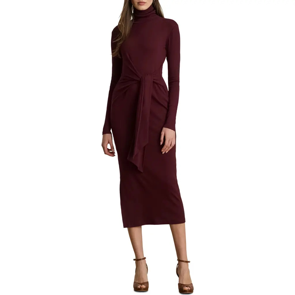 Lauren Ralph Lauren Long Sleeve Turtleneck Tie Front Dress in Dark Garnet at Nordstrom, Size Large | Nordstrom