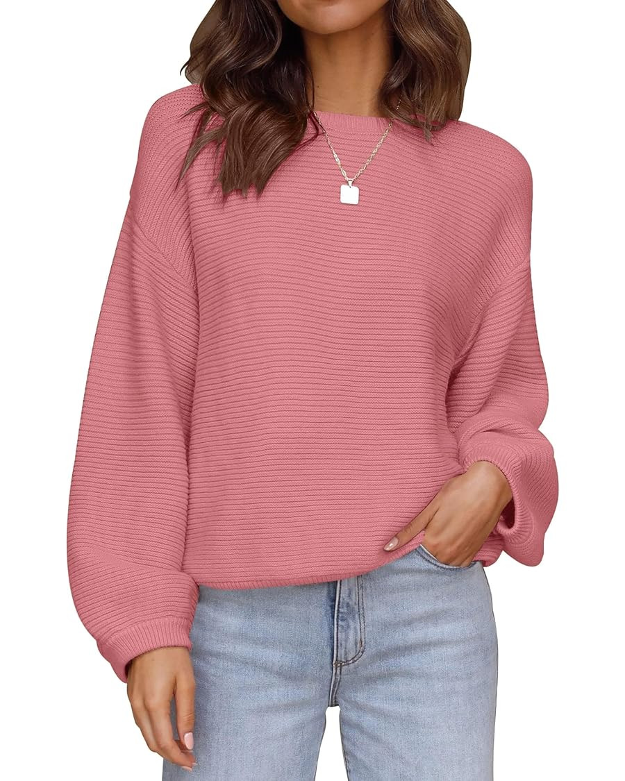 ZESICA Women's Crew Neck Long Lantern Sleeve Fall 2026 Casual Loose Ribbed Knit Solid Soft Pullov... | Amazon (US)